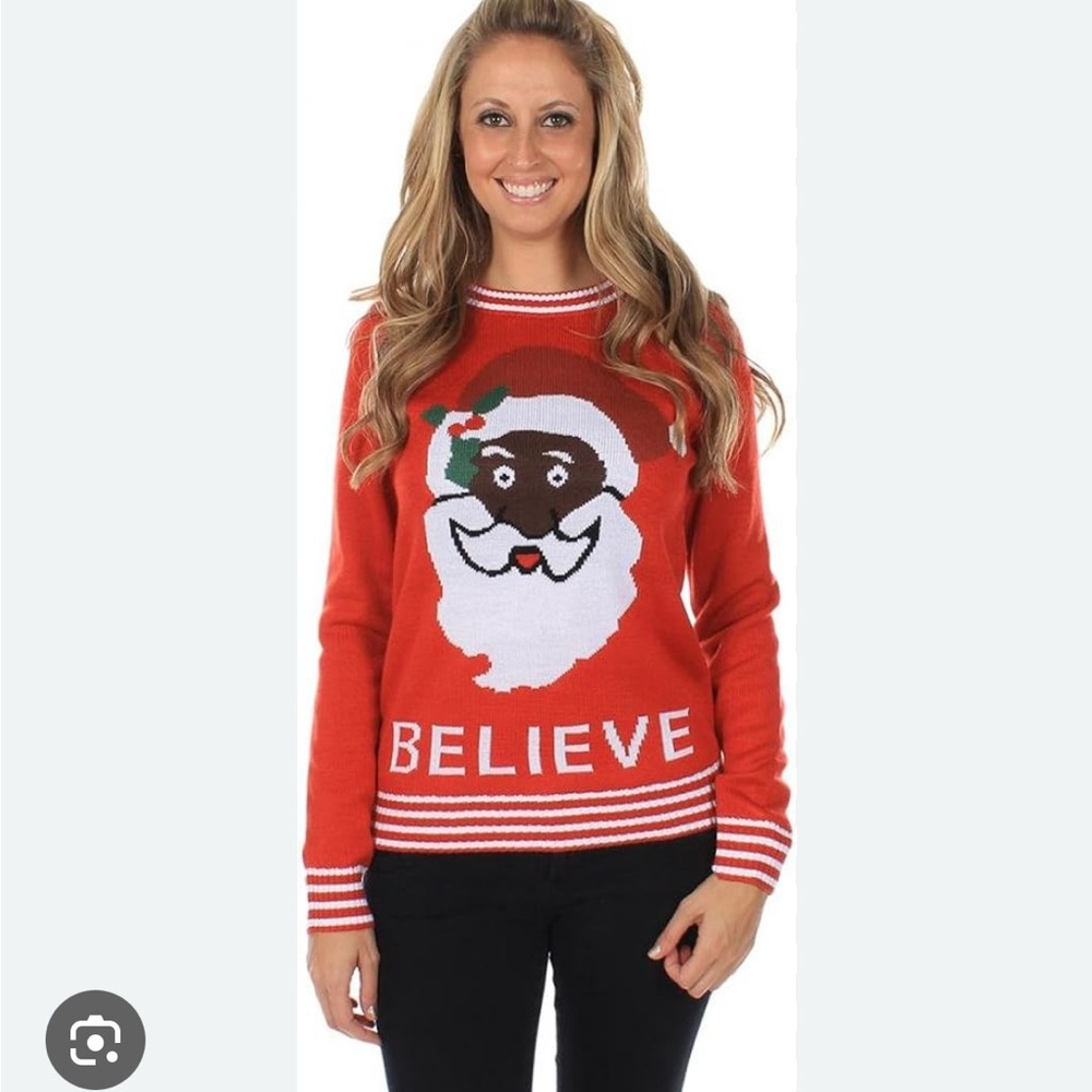 Tipsy Elves Black Santa Claus Believe Ugly Christmas Sweater Red White Striped L